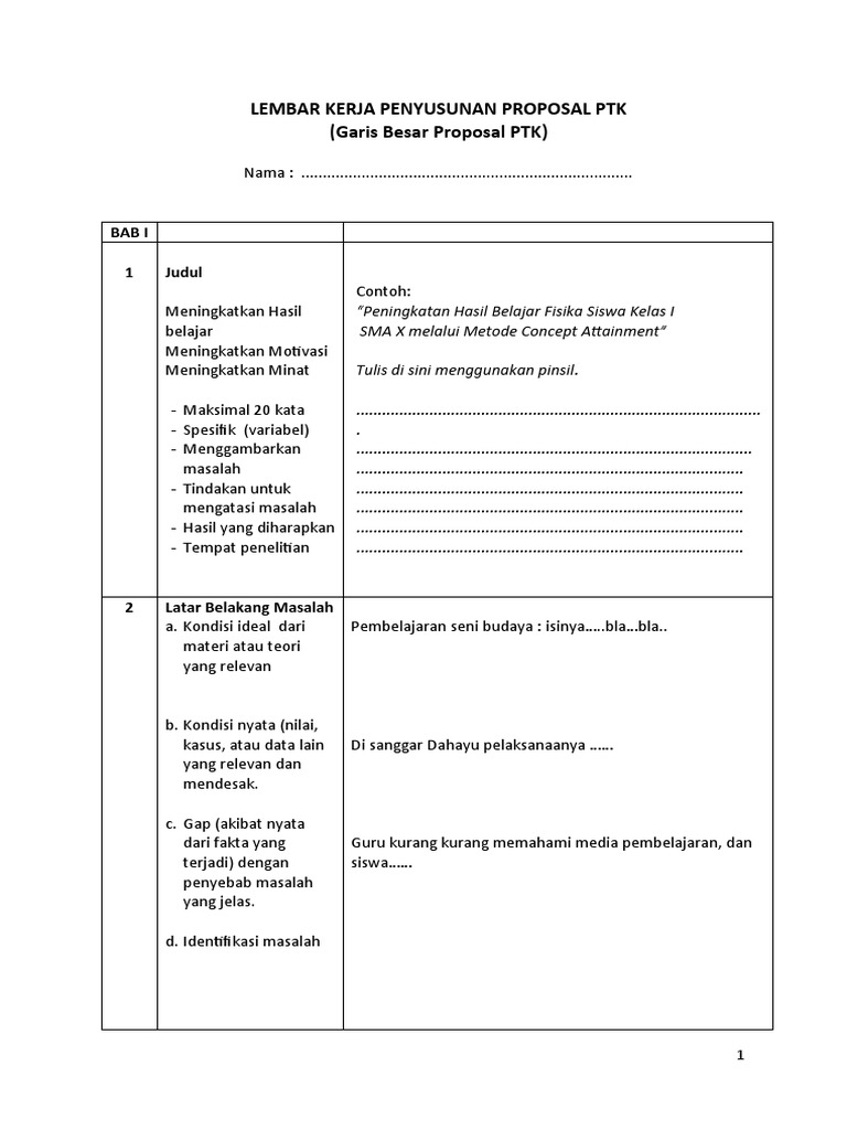 Contoh Proposal PTK Satu Lembar | PDF | Karier & Perkembangan | Seni