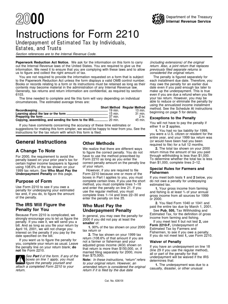 Instructions For Form 2210 Underpayment of Estimated Tax by
