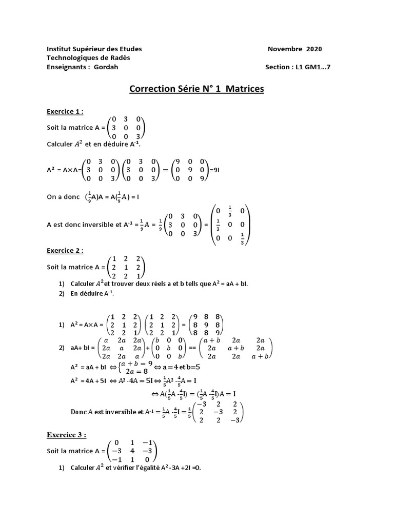 Correction des exercices sur les matrices | PDF | Théorie des ...