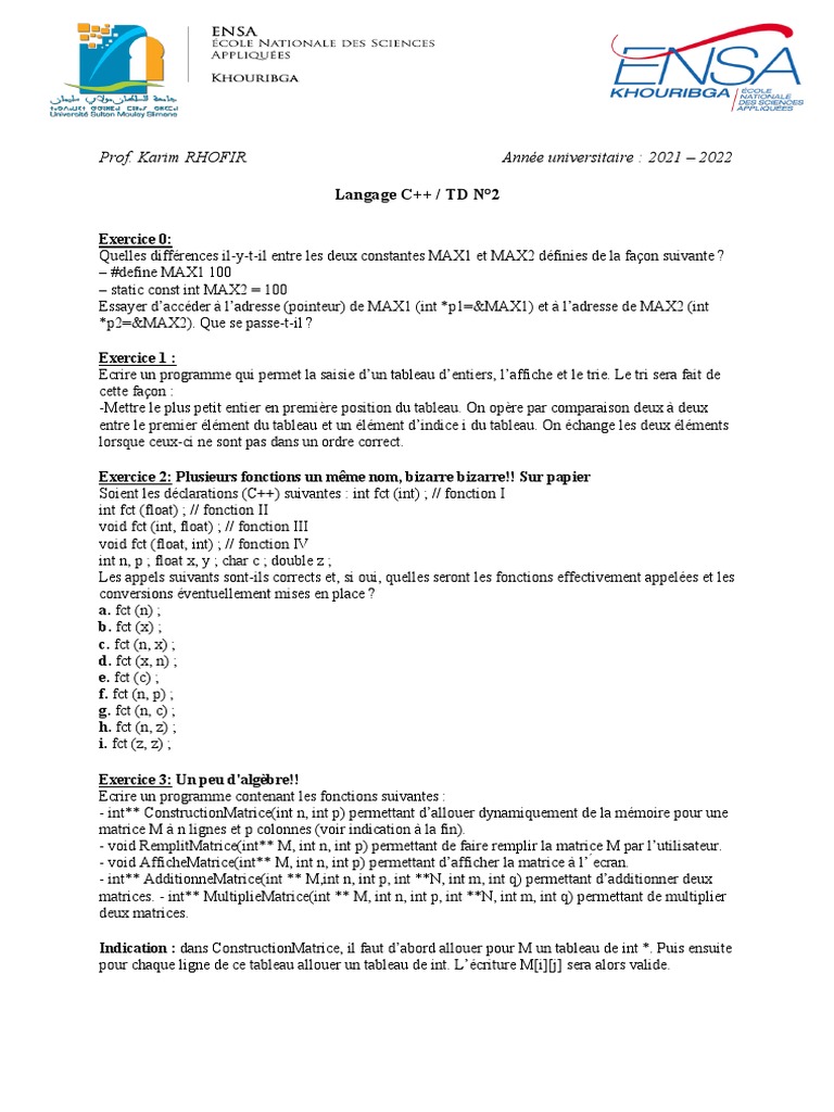 C++ : Exercices sur constantes et classes | PDF | Matrice ...