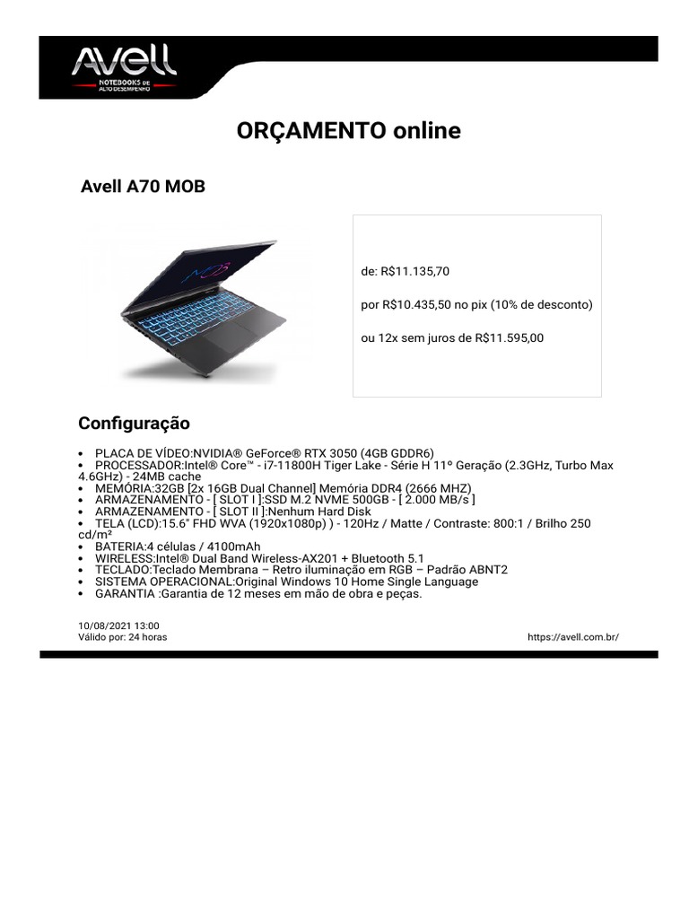 Notebook Avell A70 MOB - para Profissionais e Gamers Notebooks de Alto ...