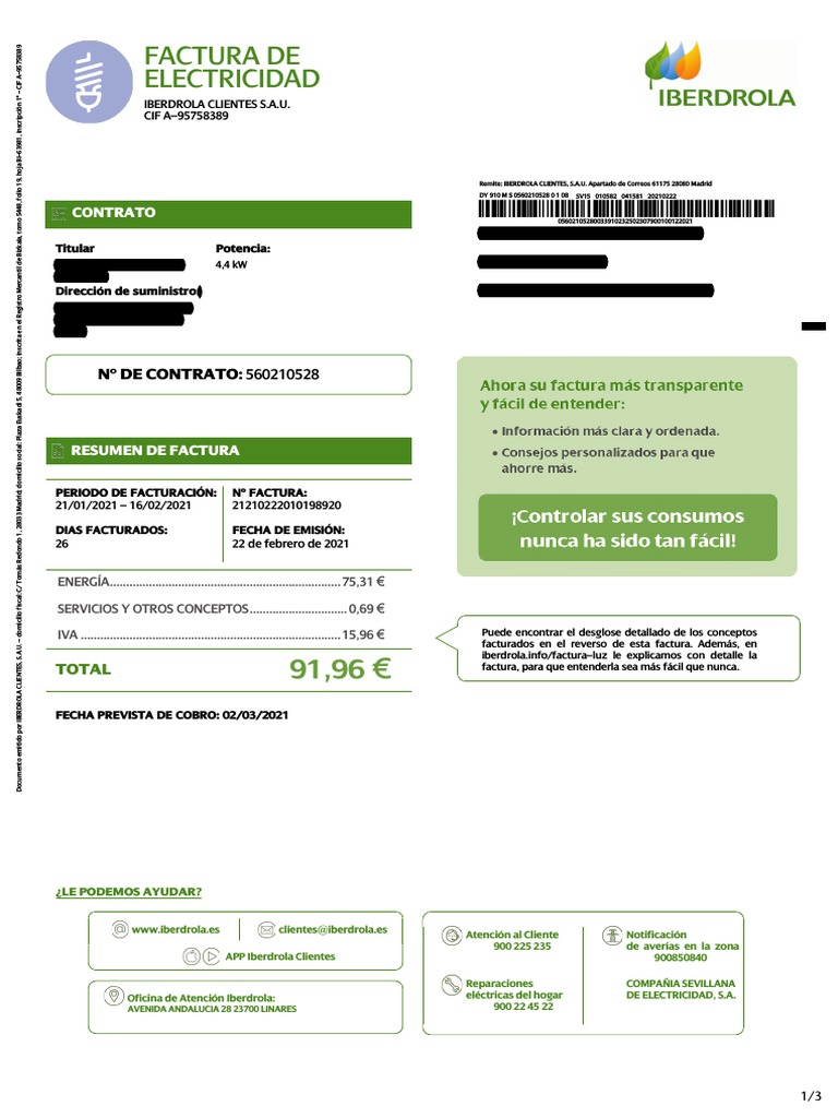 1 - Factura Luz | Descargar gratis PDF | Factura | Energia electrica