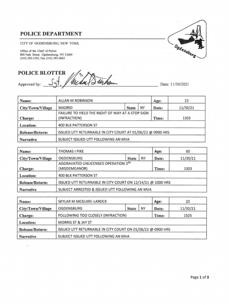 Ogdensburg Police Department Blotter Nov. 30, 2021 PDF