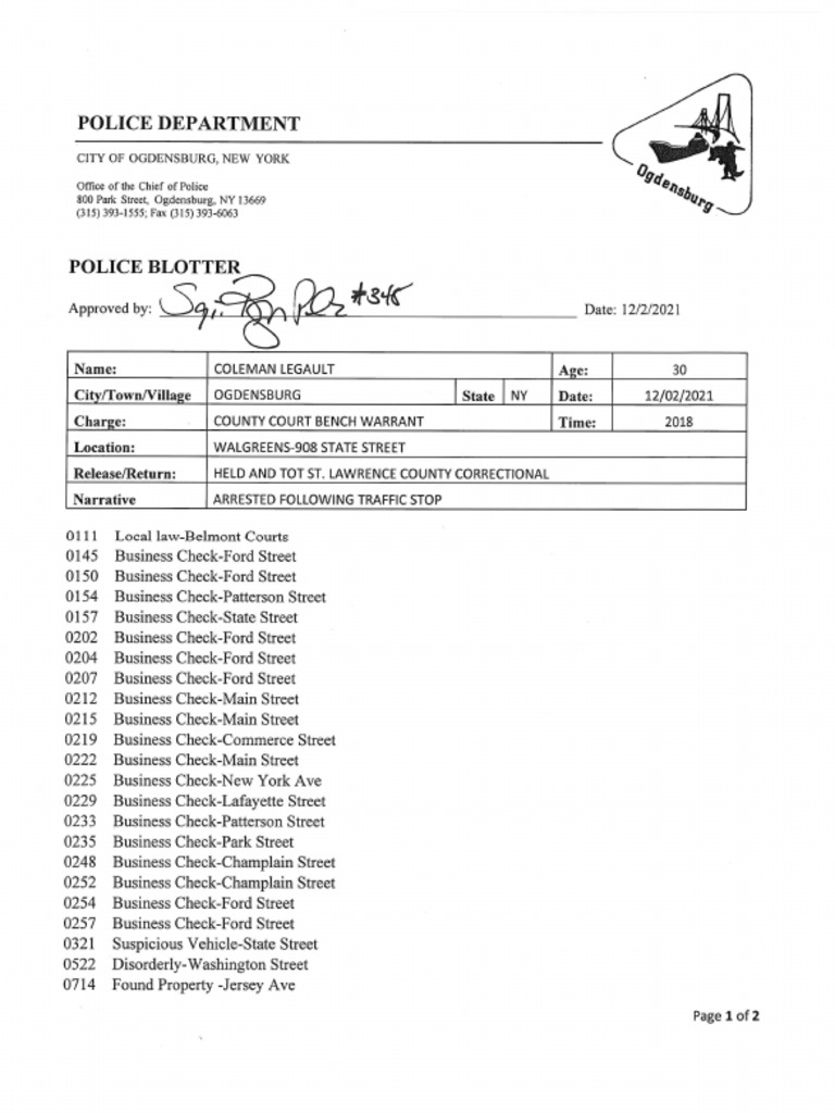 Ogdensburg Police Department Blotter Dec. 2, 2021 PDF