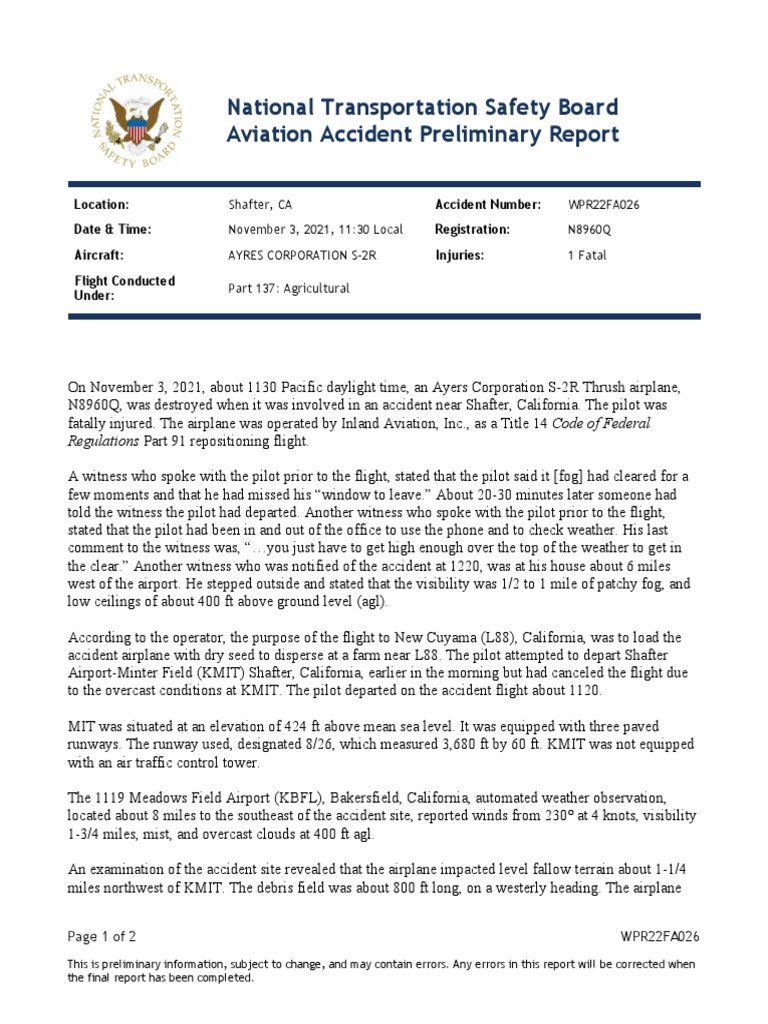 Preliminary NTSB Shafter Plane Crash Report | PDF | Aviation | Aviation ...