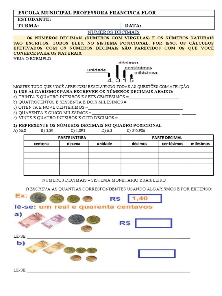 Atividades com Frações - Para Imprimir - Series Iniciais.  Atividades com  numeros decimais, Numeros decimais, Atividades