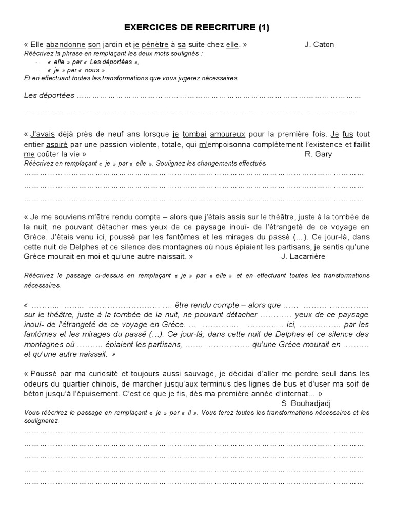 Réécriture 3ème Avec Corrigés Pdf Exercices de Réécriture 1 | PDF