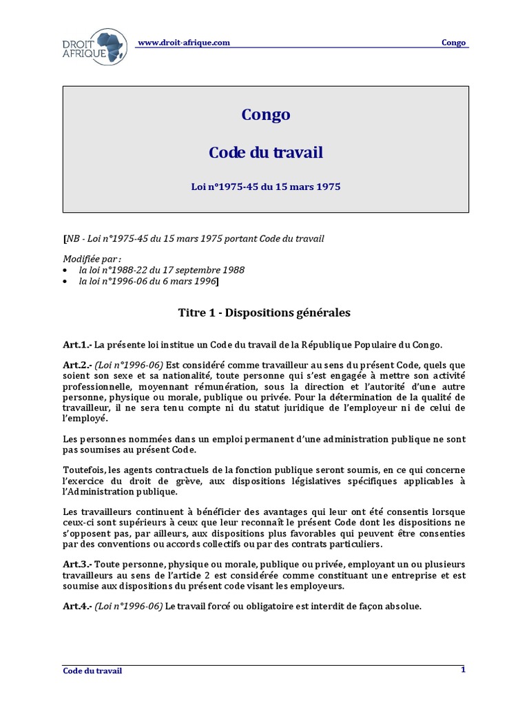 Congo Code 1975 Travail | PDF | Convention collective | Convention ...