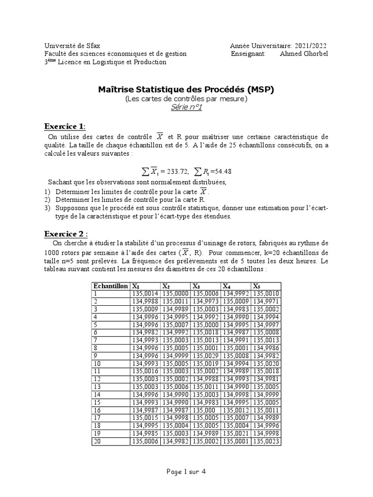 Exercices de Maîtrise Statistique des Procédés | PDF