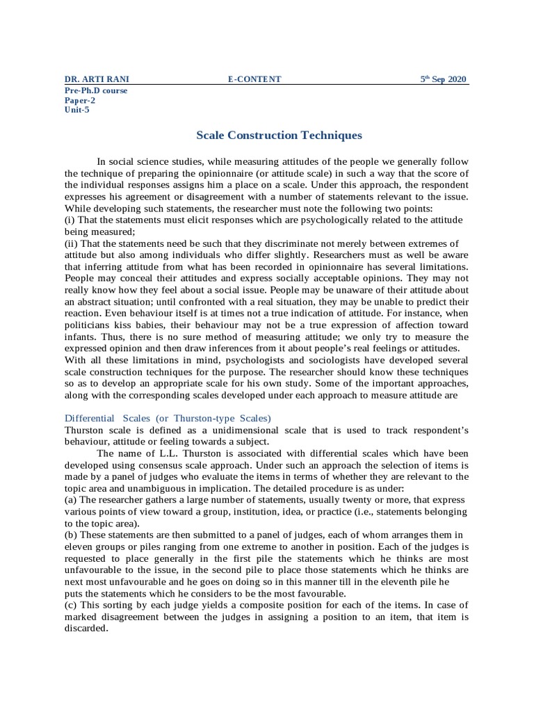 Scale Construction Techniques PDF Attitude (Psychology) Psychology