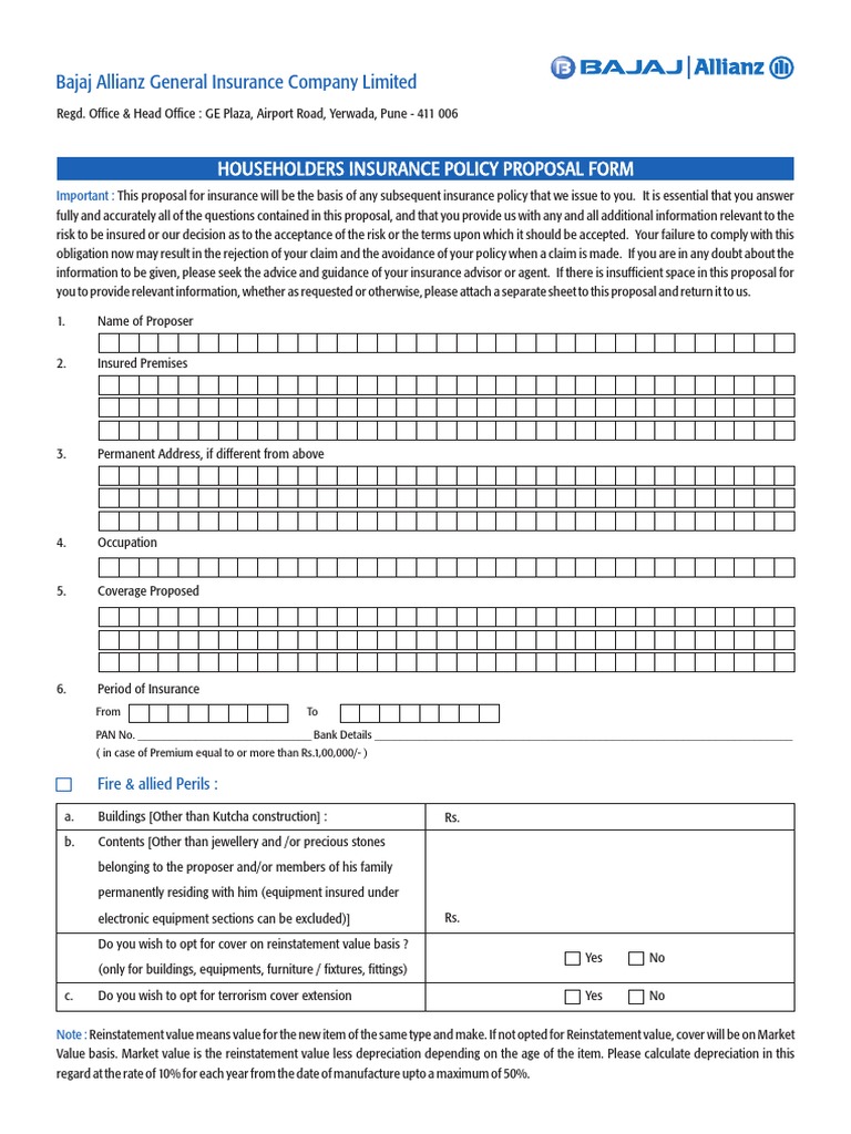 Householders Insurance Policy Proposal Form Bajaj Allianz General