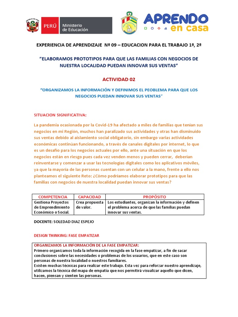 Experiencia de Aprendizaje #09 - Educacion para El Trabajo 1º, 2º | PDF ...