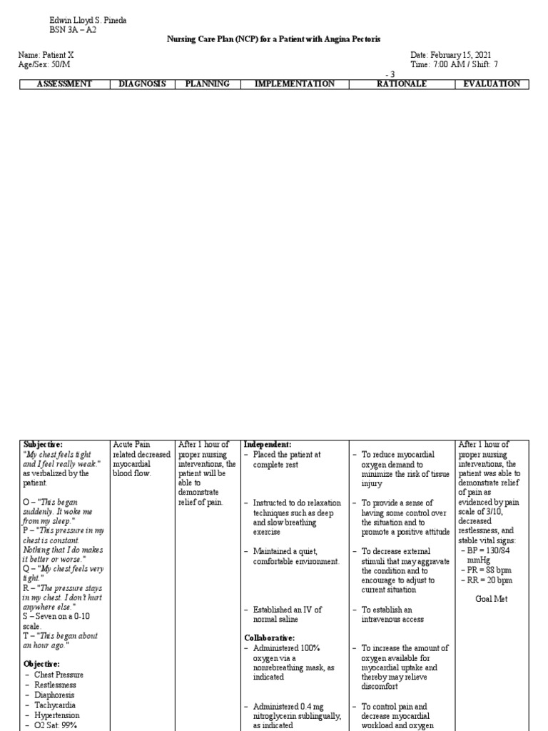 Nursing Care Plan for Angina Pectoris | PDF | Pain | Cardiology