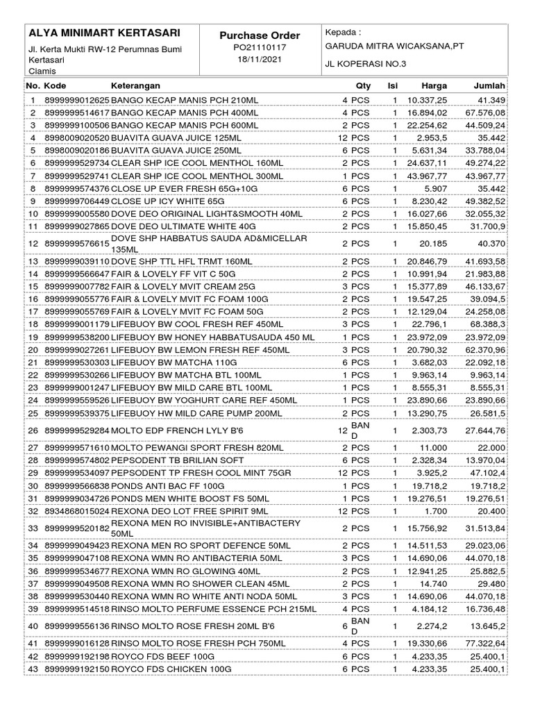 Alya Minimart Kertasari Purchase Order: Kode Keterangan Qty Isi Harga ...