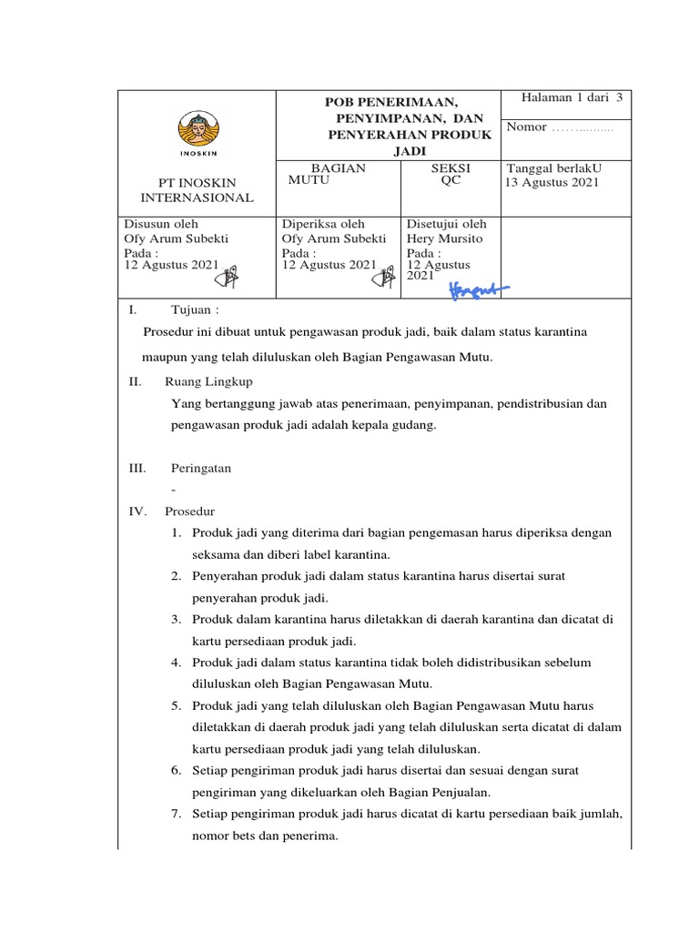 10.1.1 Protap Penerimaan, Penyimpanan, Penyerahan Produk Jadi ...