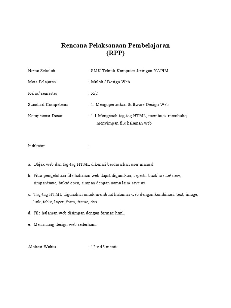 RPP Design Web: HTML dan Pengelolaan File | PDF