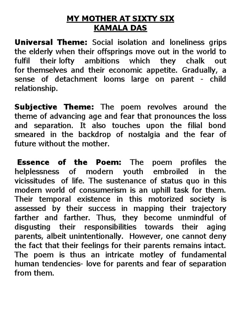 My Mother at Sixty Six by Kamala Das PDF Poetry Thought