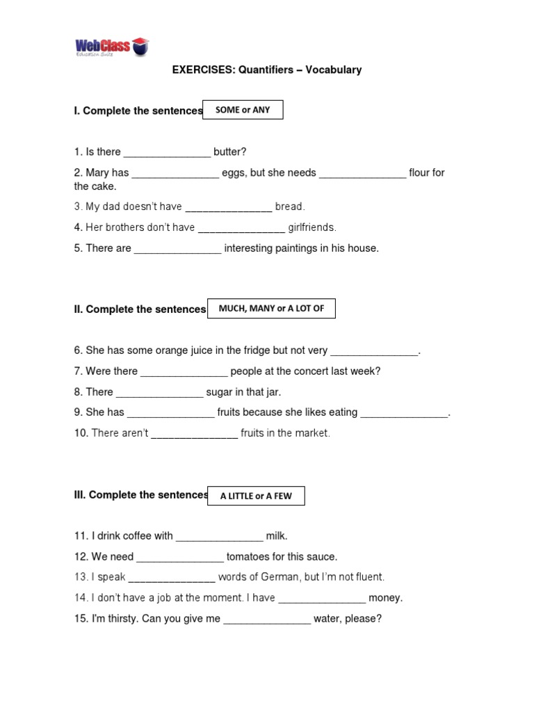 EXERCISES: Quantifiers - Vocabulary: Some or Any | PDF