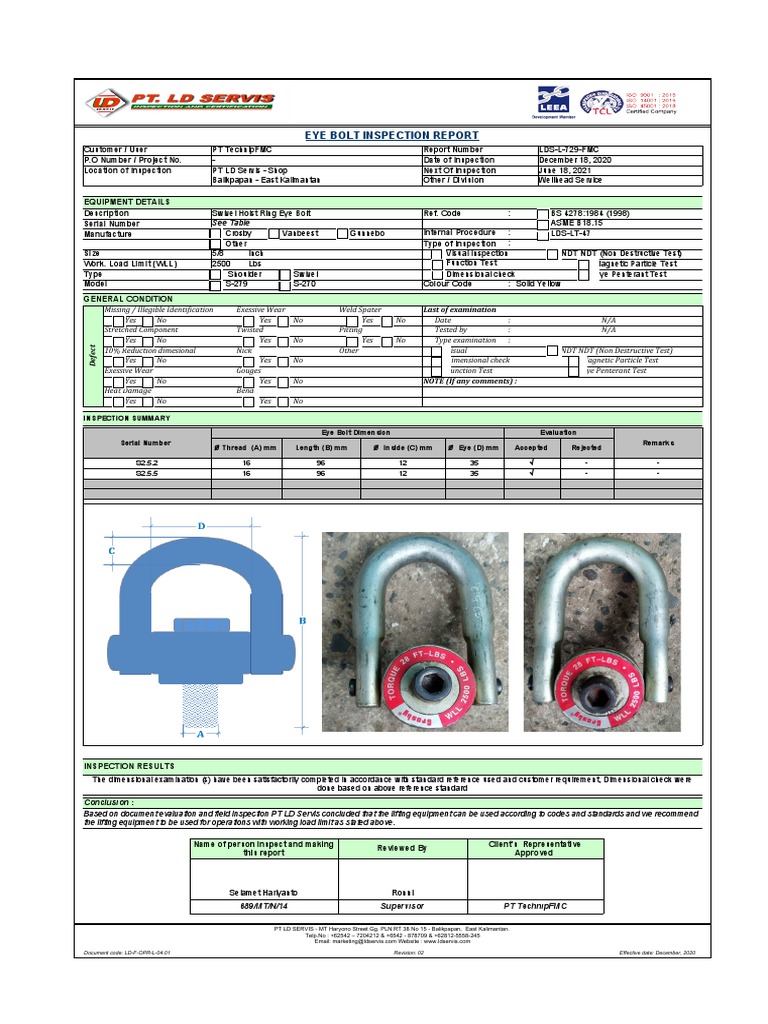 Eye Bolt Inspection Report: Last of Examination | PDF