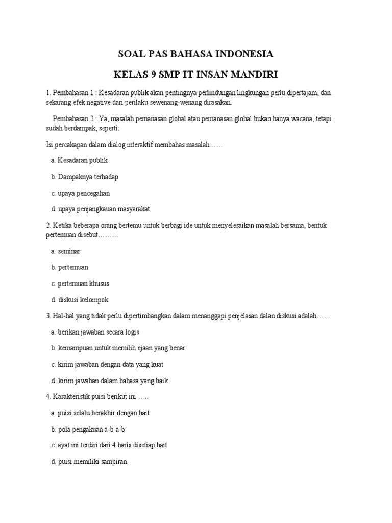 Soal Bahasa Indonesia Kelas 9 SMP | PDF