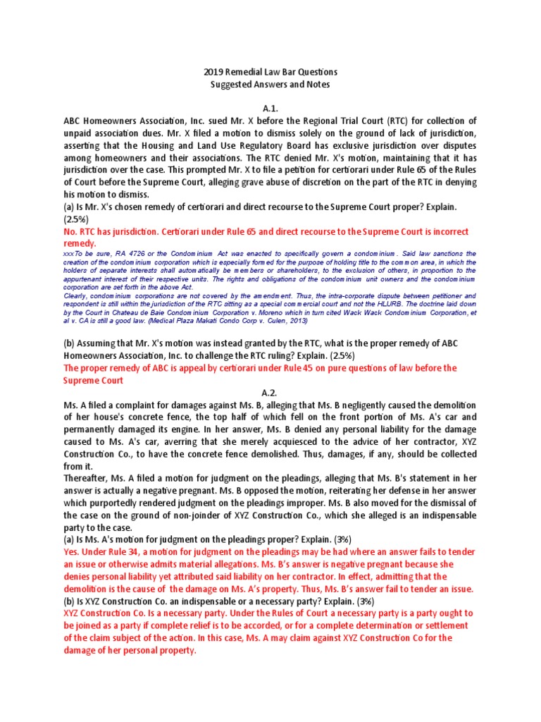 2019 Remedial Law Bar Questions Analysis | PDF | Plea | Bail