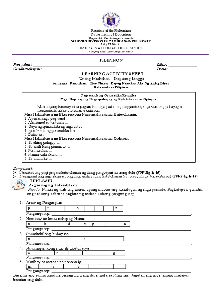 Filipino 9 LAS Quarter 1 7th Week | PDF