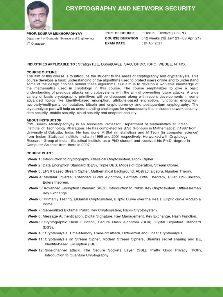 Cryptography and Network Security: Type of Course: Course Duration ...