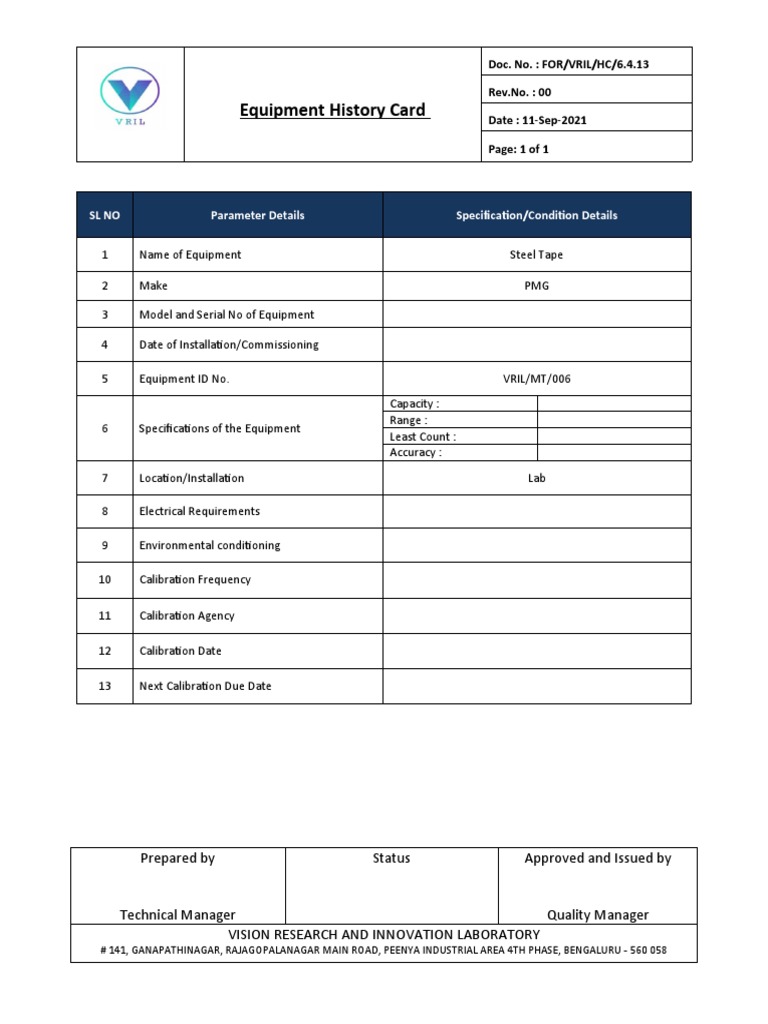 Equipment History Card Steel Tape PDF