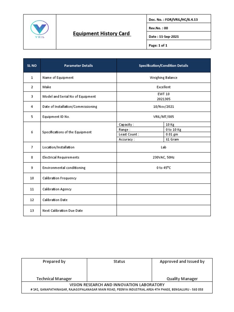 Equipment History Card Weighing Balance | PDF
