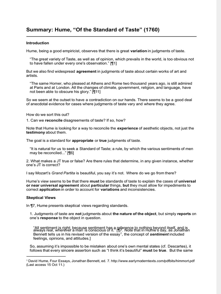 Summary Hume, "Of The Standard of Taste" (1760) (Last Access 15 Oct