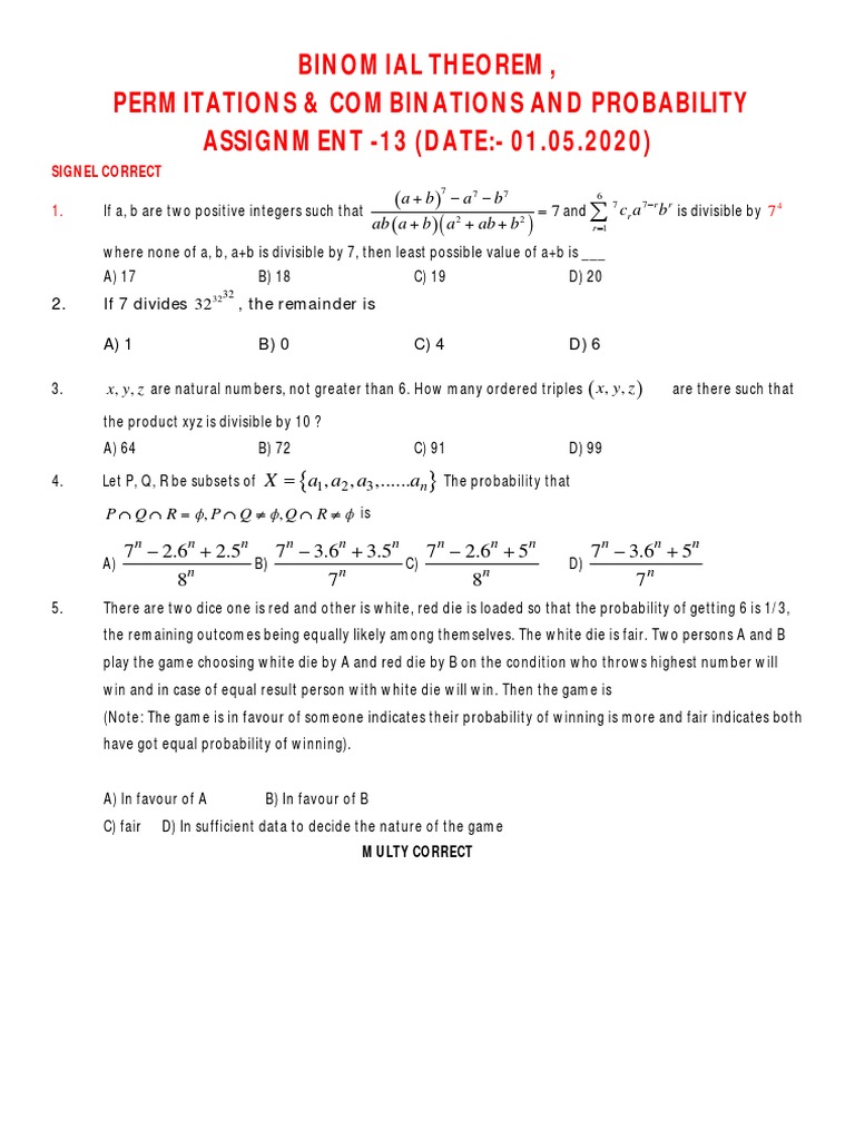 Binomial Theorem & Probability Assignment | PDF | Matrix (Mathematics ...