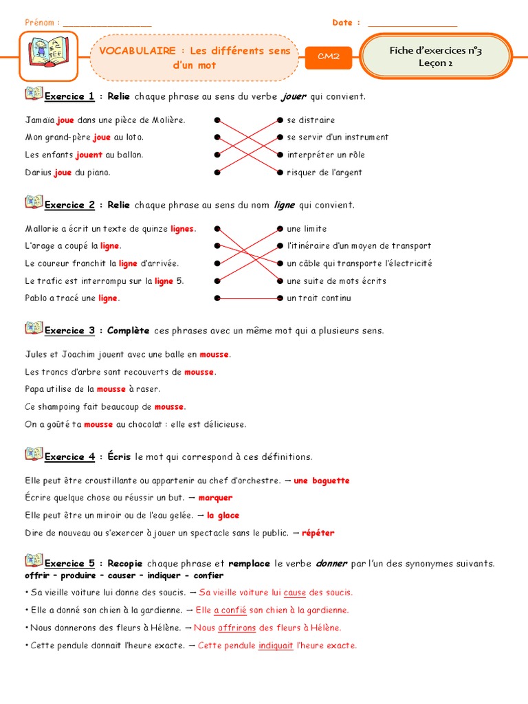 Les Différents Sens D un Mot Ce2 Exercices Pdf Fiche 3 Correction Les Differents Sens D Un Mot | PDF