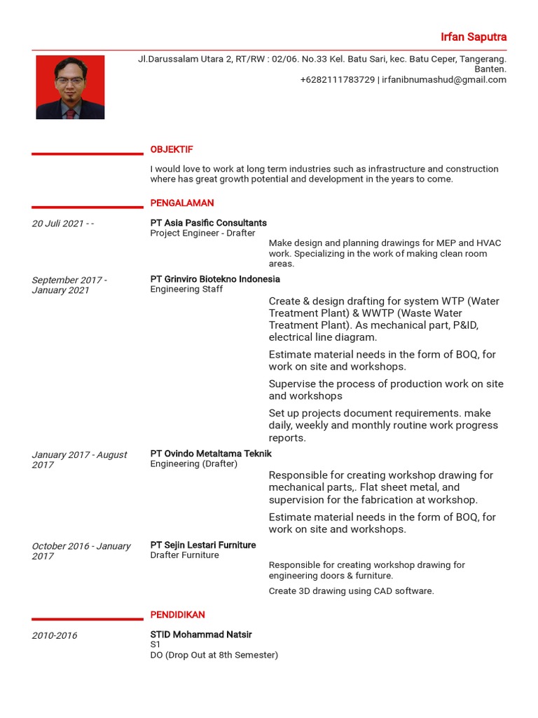 CV Irfan+Saputra November+2021 | PDF | Economic Sectors | Engineering