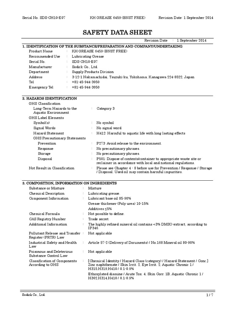 KH Grease 6459 Safety Data Sheet | PDF | Toxicity | Dangerous Goods