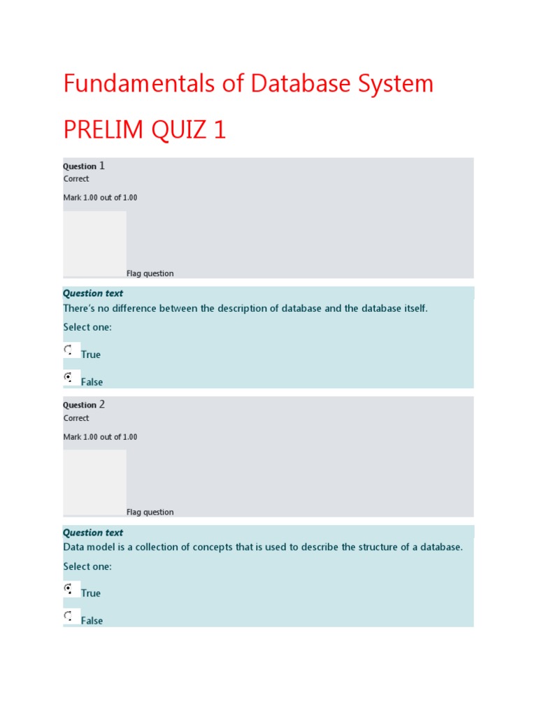 Fundamentals of Database System Prelim Quiz 1 PDF Databases Data