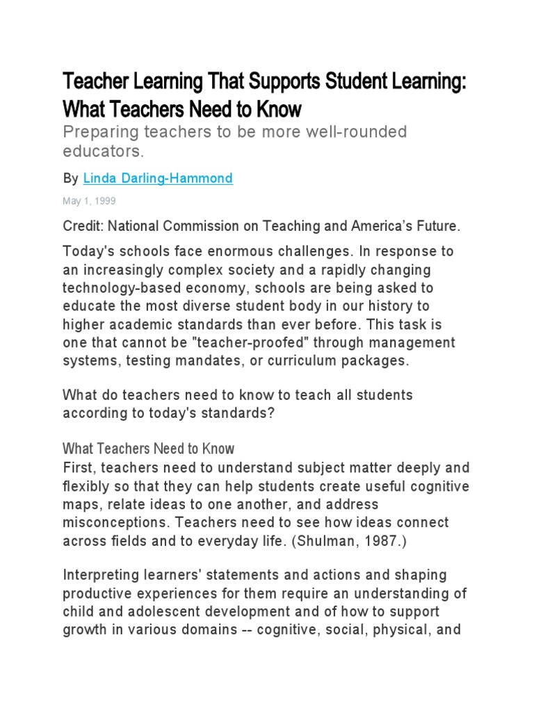 Teacher Learning That Supports Student Learning: What Teachers Need To ...