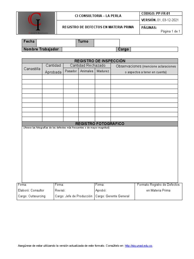 PP-FR-01 Formato Registro de Defectos en Materia Prima | PDF