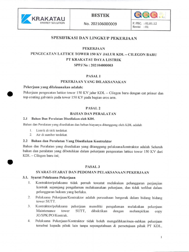 Bestek Pengecatan Tower Sutt - 0001 | PDF