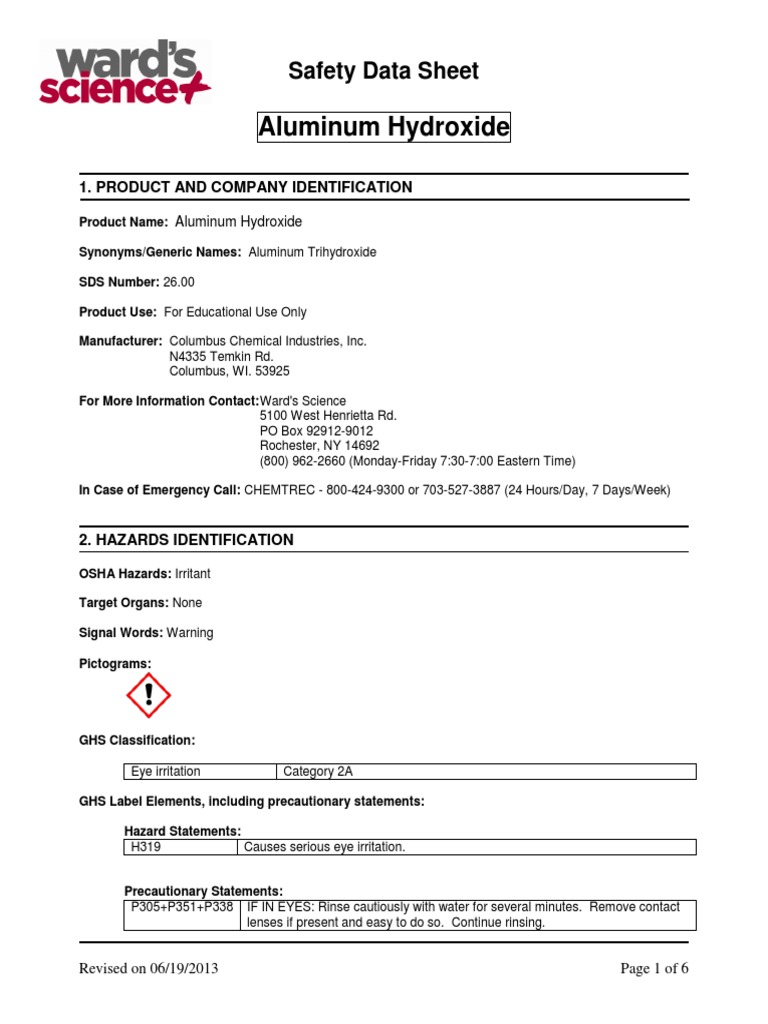 Aluminum Hydroxide Safety Data Sheet PDF Dangerous Goods