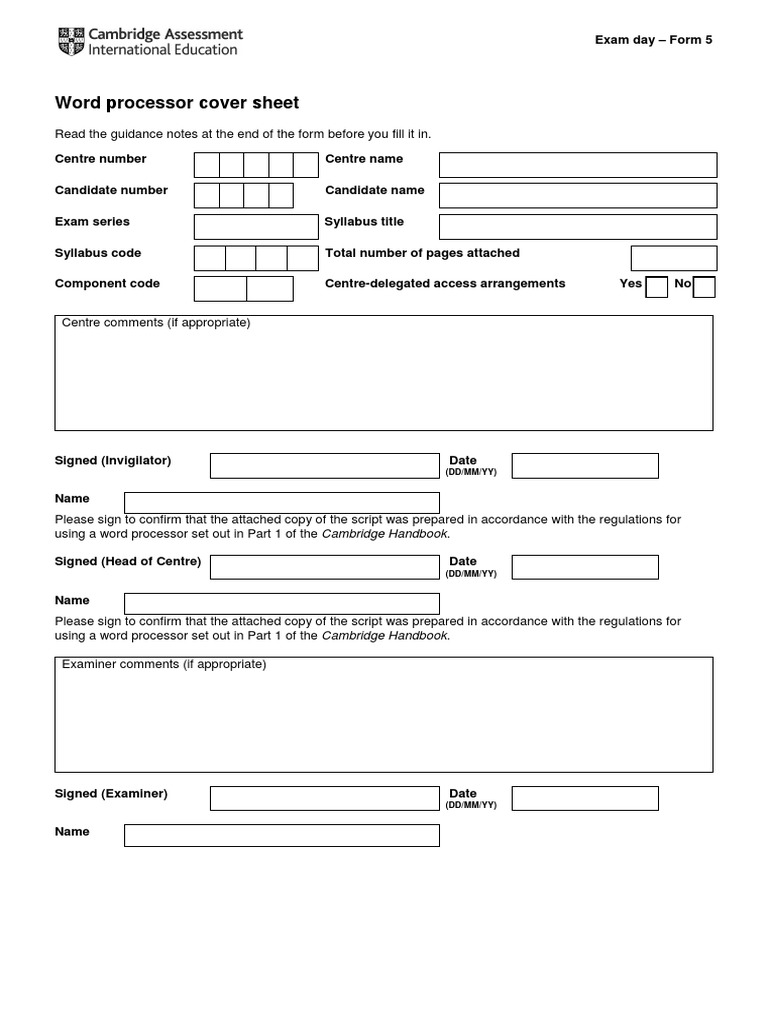 Word Processor Cover Sheet Exam Day Form 5 | PDF | Computer Science ...