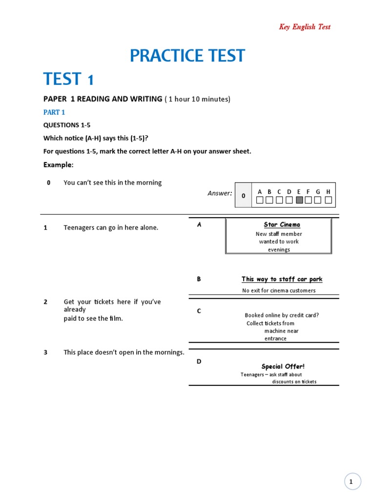 Practice Test Test 1 Paper 1 Reading and Writing PDF Chocolate