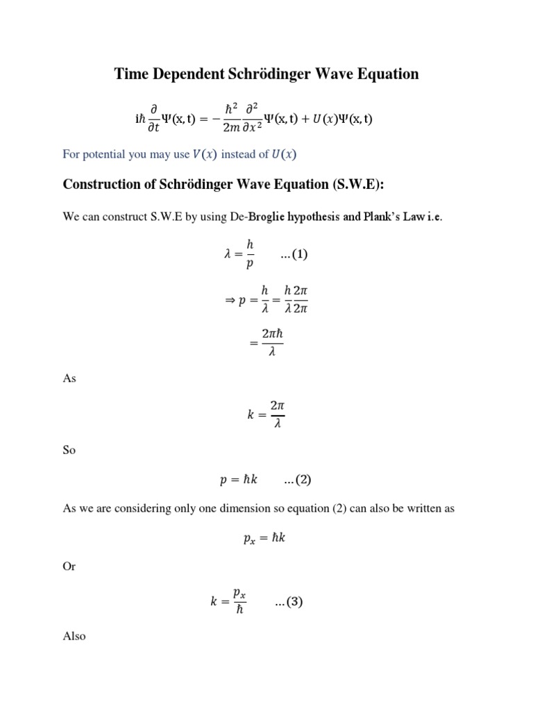 Time Dependent Schrödinger Wave Equation | PDF | Schrödinger Equation ...