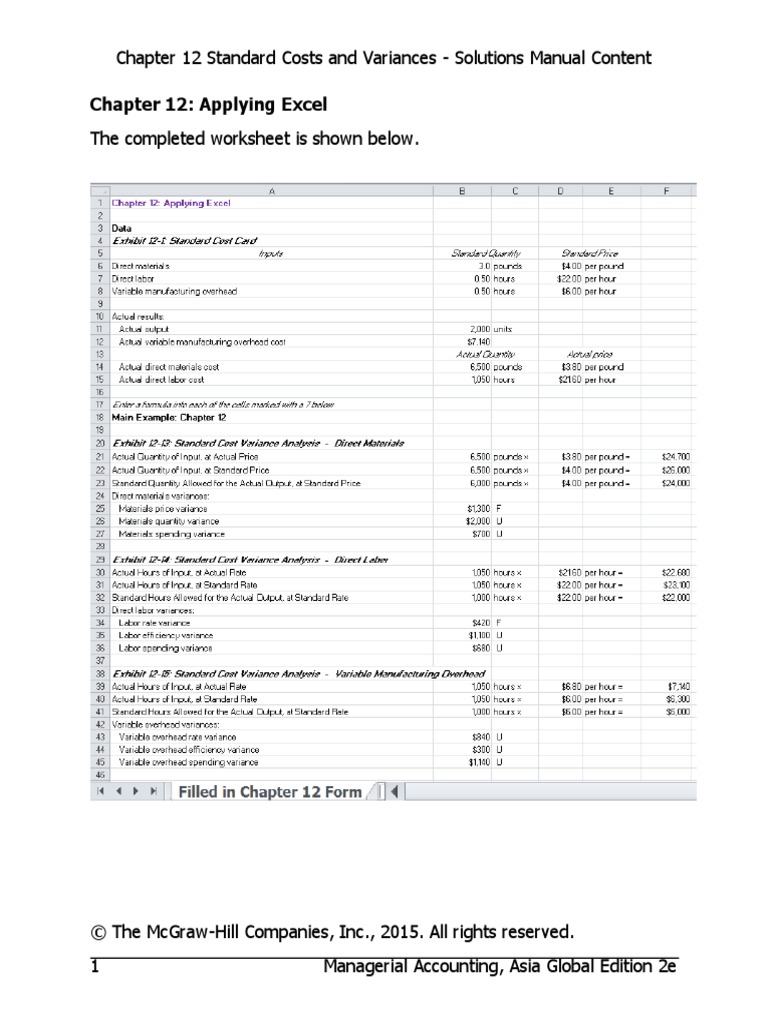 Chapter 12: Applying Excel: Chapter 12 Standard Costs and Variances ...