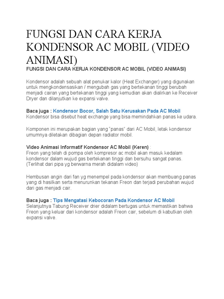 Fungsi Dan Cara Kerja Kondensor Ac Mobil PDF