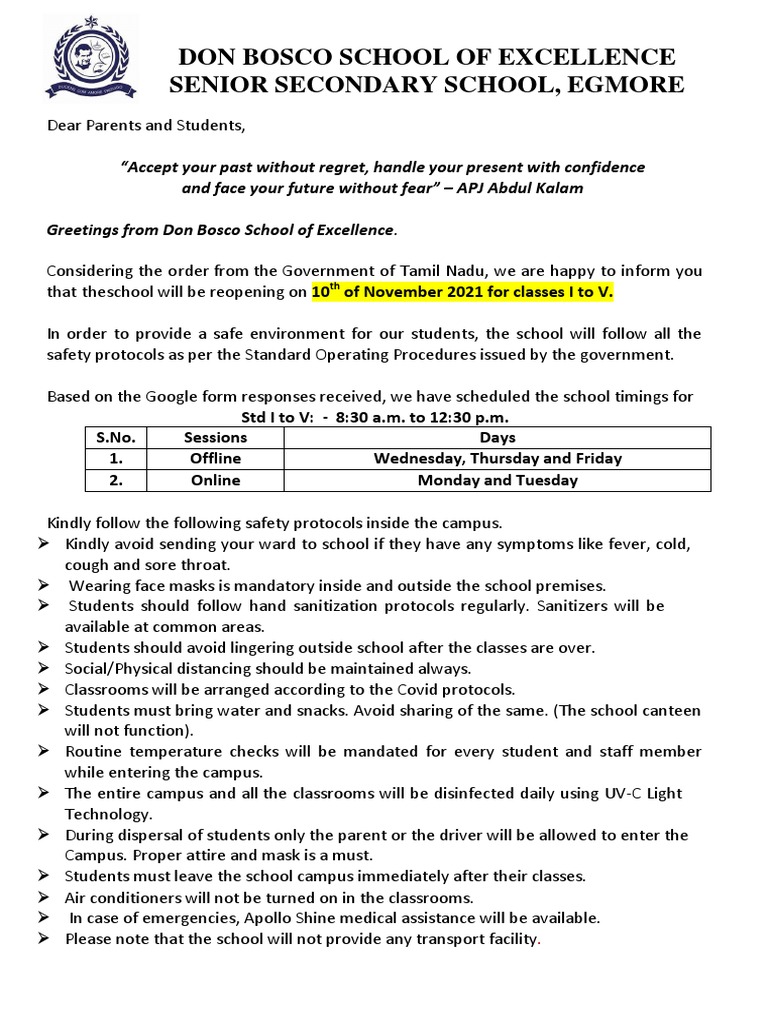 Circular For Classes 1 To 5 On Reopening School Nov 2021 New PDF