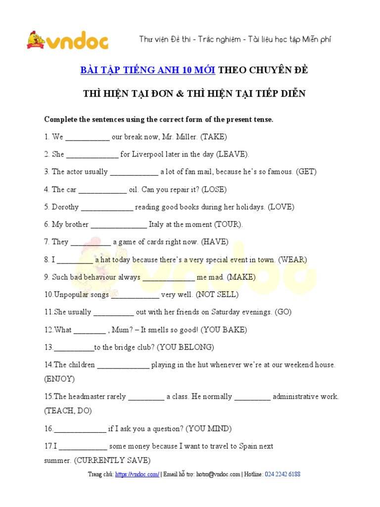 Bai tap thi hien tai don va hien tai tiep dien lop 10 pdf