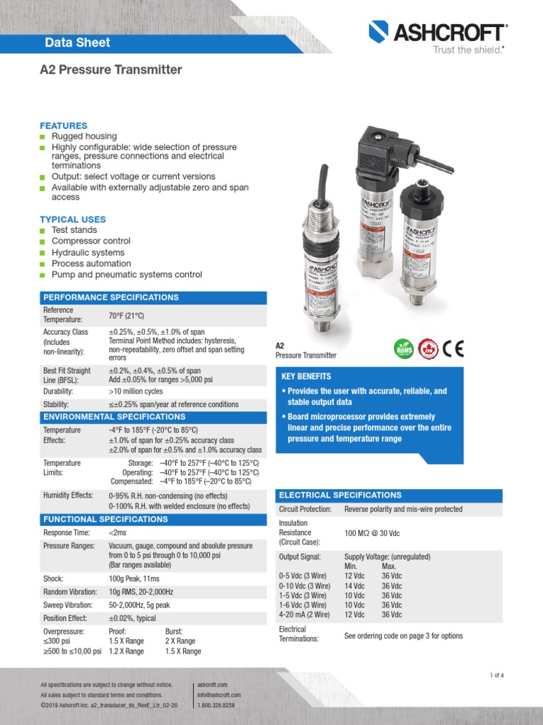 A2 Pressure Transmitter Data Sheet PDF Pressure Measurement Electrical Engineering