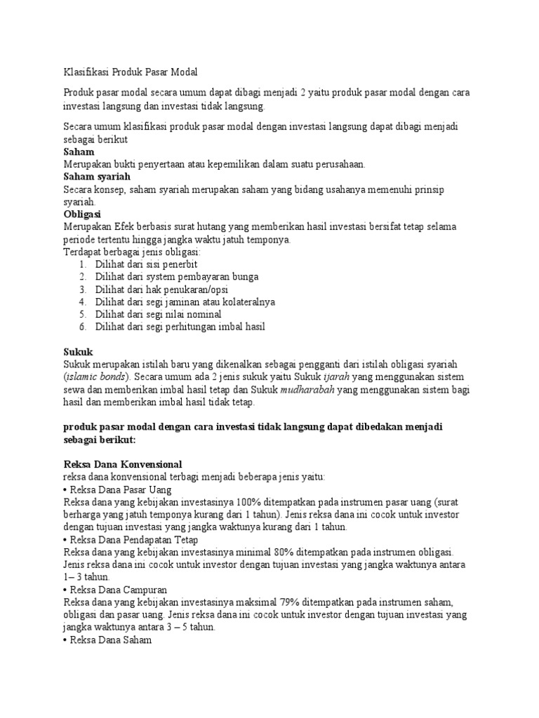 Klasifikasi Produk Pasar Modal Pdf
