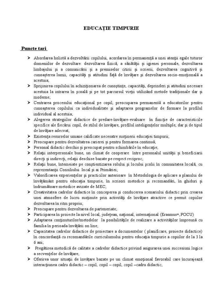 EDUCAȚIE TIMPURIE Puncte Tari Si Puncte Slabe | PDF