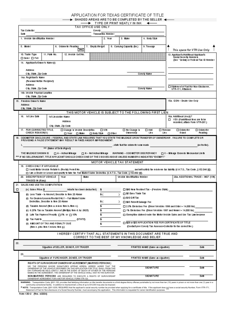 Application for Texas Cerificate of Title Use Tax Taxation In The
